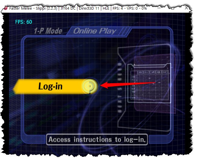 اضغط على الزر A أو الزر المكافئ التناظري الموجود على وحدة التحكم GameCube لتسجيل الدخول إلى Slippi.