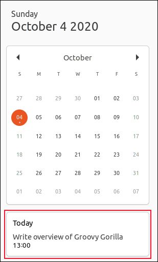 إشعار التقويم في Ubuntu 20.10 في 4 أكتوبر 2020.