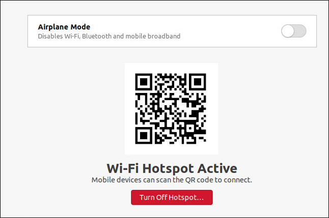 مربع حوار Wi-Fi hotspot في Ubuntu 20.10.