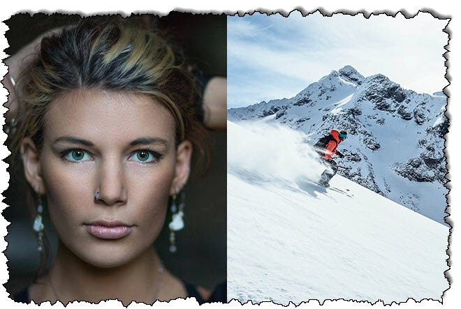 صورة لامرأة على اليسار بعمق حقل ضحل ومتزلج ينزل من الجبل الثلجي بعمق حقل كبير إلى اليمين.