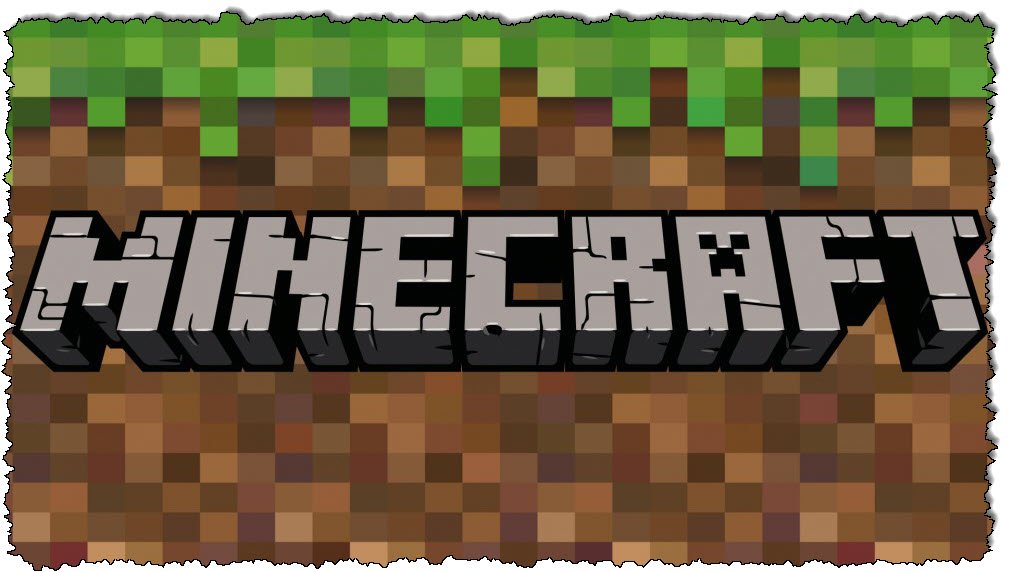شعار Minecraft على خلفية كتلة عشبية ممتلئة بنمط Minecraft