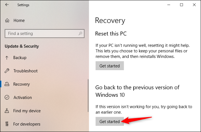 من فضلك اضغط "لنبدأ" العودة إلى الإصدار القديم من Windows 10