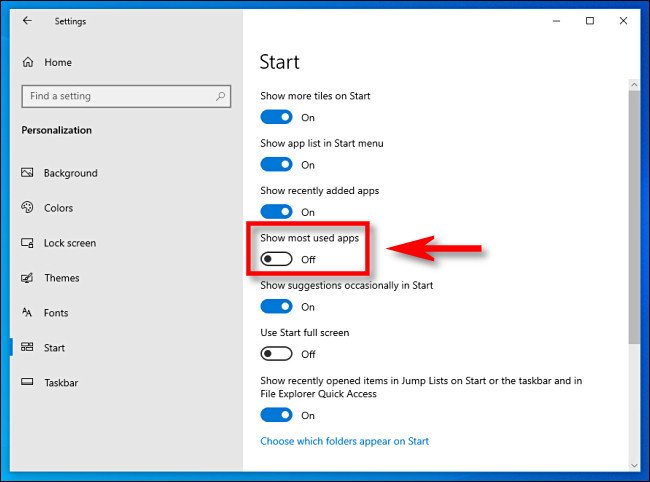 في إعدادات Windows 10 ، انقر فوق "اعرض التطبيقات الأكثر استخدامًا" قم بالتبديل لإيقاف تشغيله