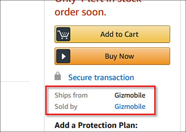 قائمة المنتجات على أمازون "السفينة من جيزموبيل" وهو "تباع من قبل Gizmobile."
