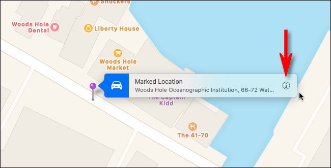 ضع دبوس التثبيت في خرائط Apple على جهاز Mac الخاص بك وانقر "معلومات" زر.