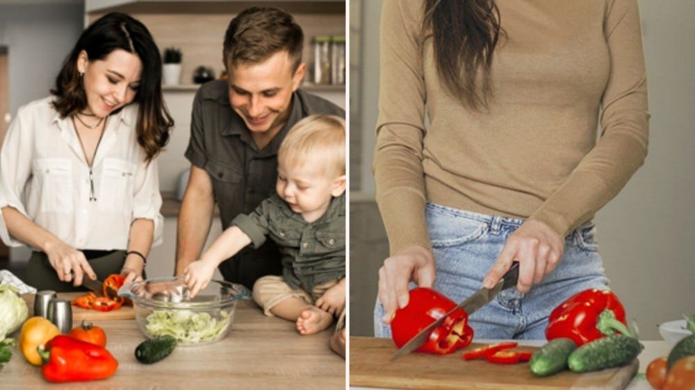 صورتان: الصورة على اليسار عبارة عن عائلة تطبخ معًا ، والصورة على اليمين امرأة تقطع الفلفل الأحمر على لوح تقطيع طاهٍ أخضر.