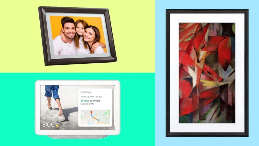 إطار الصور الرقمي Dragon Touch و Google Nest Hub و Meural Canvas II في الصورة المجمعة.