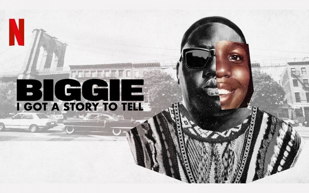 إعلانات "بيجي ، لدي قصة لأرويها" يضم مغني الراب Biggie Smalls.