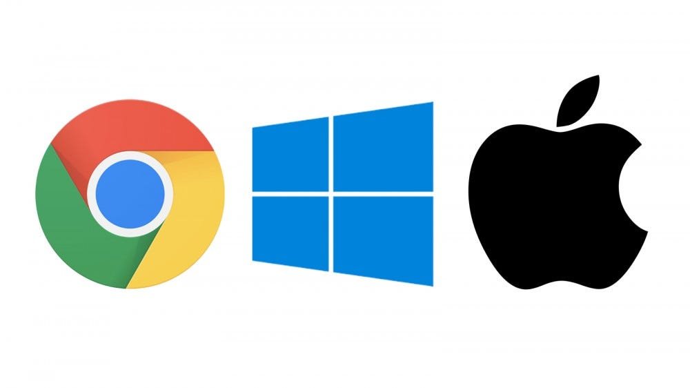 The Chrome, Winodws, and macOS logos.