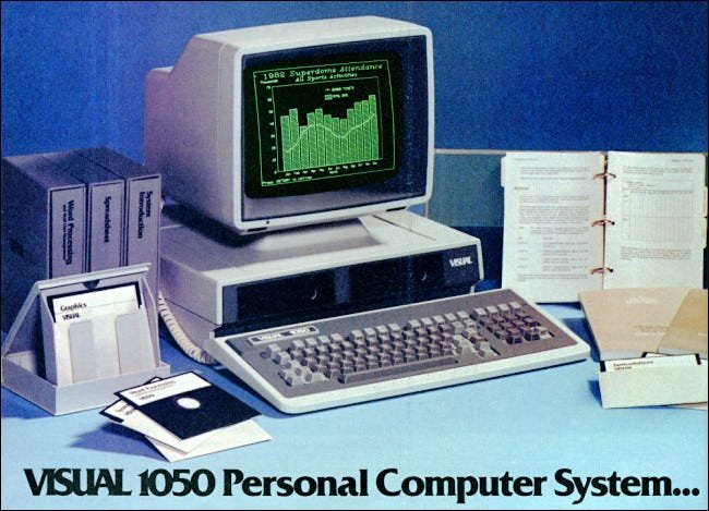 كمبيوتر مرئي 1050 في إعلان بإحدى المجلات عام 1983.