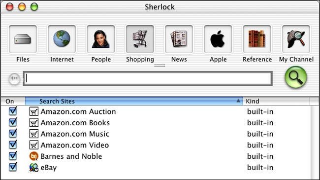 نافذة بحث Sherlock على نظام التشغيل Mac OS X Public Beta.