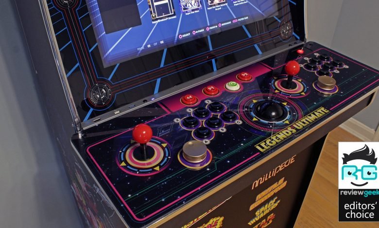 A closeup of the Legends Ultimate Arcade control deck