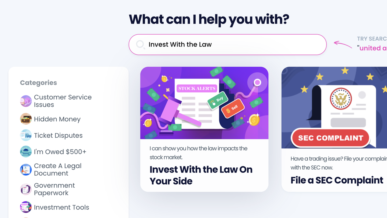 The DoNotPay site with a "invest with the law on your side" option