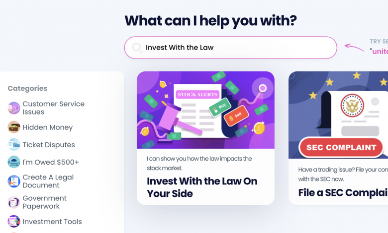 The DoNotPay site with a "invest with the law on your side" option