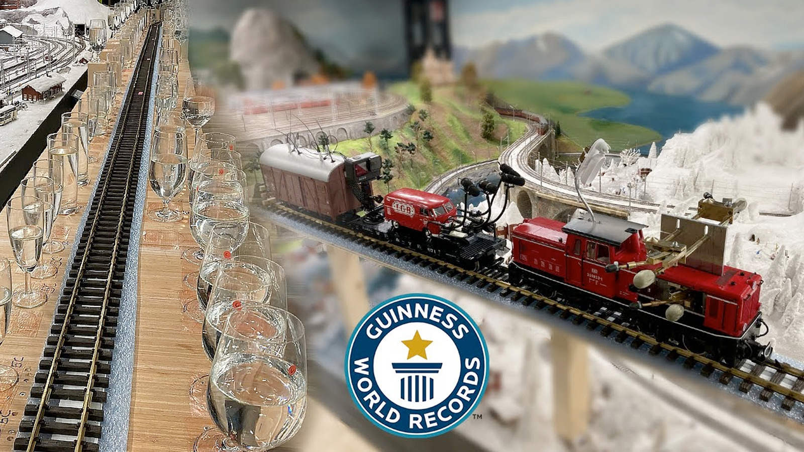 A collage of a model train and wine glasses.