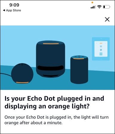 يسأل تطبيق Alexa عما إذا كان Echo Dot يظهر ضوءًا برتقاليًا.