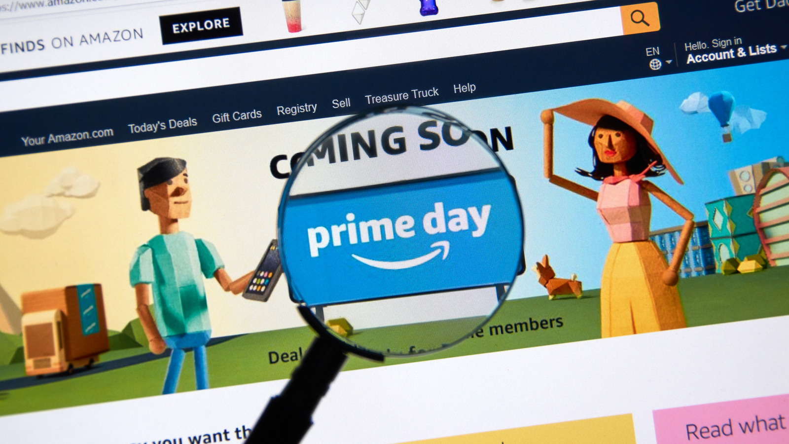 يبدأ يوم عضوية Amazon Primary في 21 يونيو - Comment | اخبار مصر مباشر A magnifying glass over a "Prime Day" button on the Amazon website